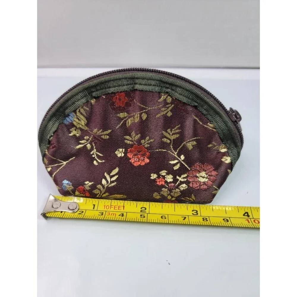 Vintage Asian Brocade Floral Coin Purse Brown Gold Small Zippered Makeup Pouch